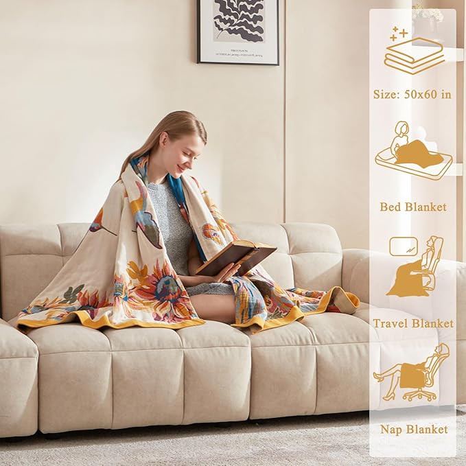 Boho Throw Blanket for Bed Couch- 100% Organic Cotton Muslin 50x60 Inch Fall Blanket Cozy Reversible Breathable Quilt Throw All-Season for Sofa & Bedroom Washable Floral Decor Blankets