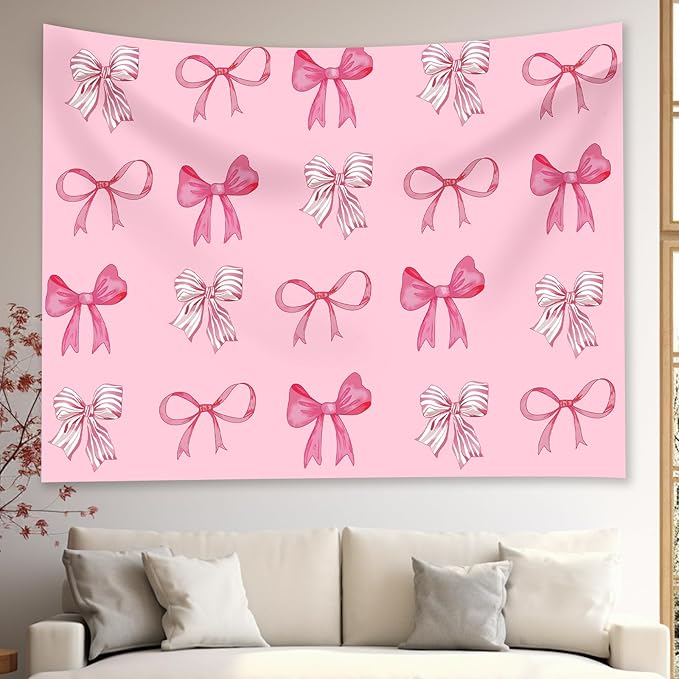 Pink Bow Tapestry - Coquette Pink Bow Tapestries, Girly Aesthetic Wall Hanging, Wall Blanket Room Decor, Bow Knot Aesthetic Bedroom Decor for Teen Girls Room, Bedroom, Dorm, Apartment Decor - 50 x 60 Inches