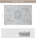 Area Rugs 5x7 Washable Area Rugs for Living Room- Ultra Soft Non-Shedding Faux Wool Bedroom Rug Grey Vintage Print Rugs Non Slip Dining Room Rugs Large Floor Carpet for Farmhouse Home Office