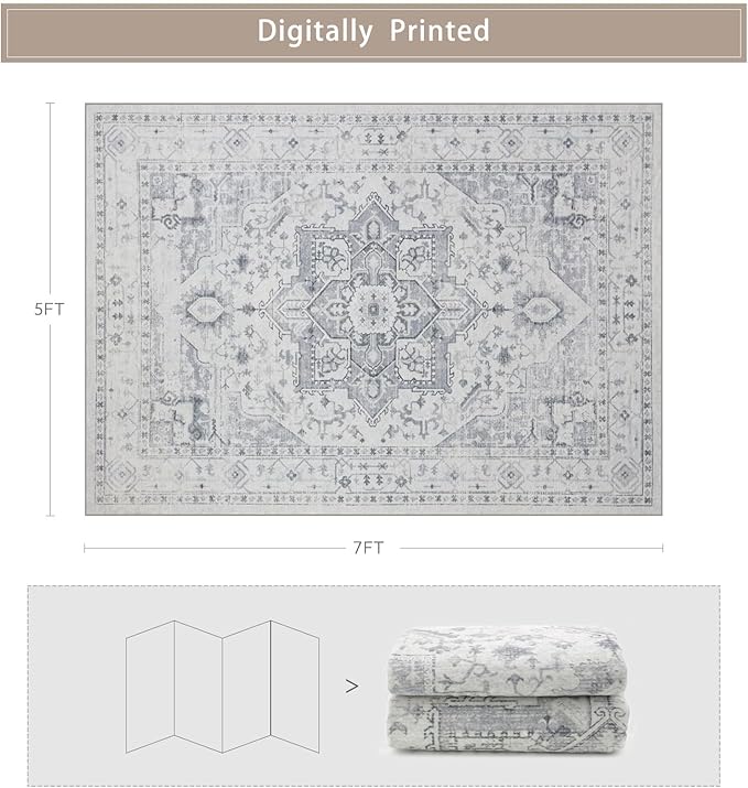 Area Rugs 5x7 Washable Area Rugs for Living Room- Ultra Soft Non-Shedding Faux Wool Bedroom Rug Grey Vintage Print Rugs Non Slip Dining Room Rugs Large Floor Carpet for Farmhouse Home Office