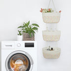 TeoKJ 3-Tier Woven Cotton Wall-Mounted Hanging Storage Baskets, Over the Door Organizer Bin for Kids Room, Bathroom, Bedroom, Kitchen, White & Rainbow Stitching