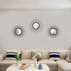 3 Pack Metal Mirrors for Wall Sunburst Wall Mirrors Home Décor Decorative Hanging Wall Art for Living Room Bedroom Entryway (Black Crystal, Flower+Sunburst)