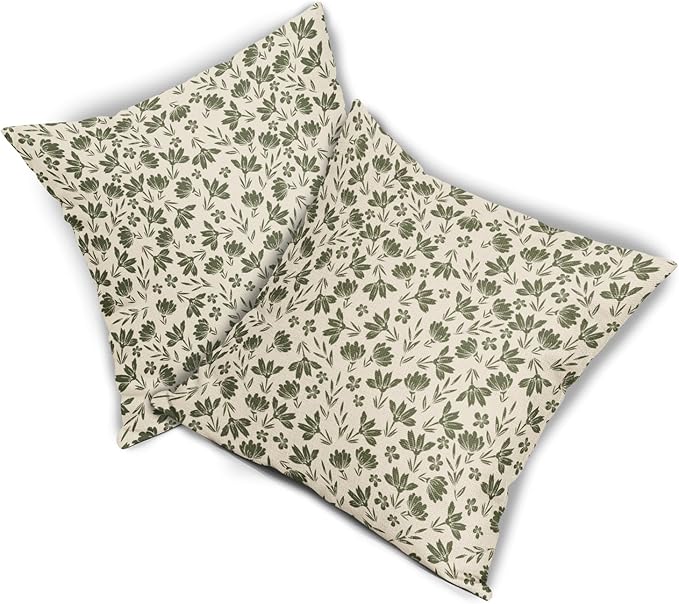 Olive Green Floral Pillow Covers 16x16 Set of 2 Vintage Rustic Old Style Cute Small Flower Green Cream Print Decorative Outdoor Pillowcases Farmhouse Throw Cushion Case Decor for Couch Sofa Bed
