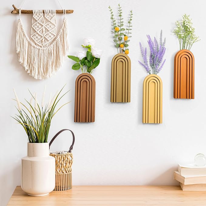 4 Pack Boho Wood Hanging Planters - Indoor Wall Decor Plant Holders for Modern Farmhouse Living Room Bedroom Rainbow Decor (Mixed Colors)