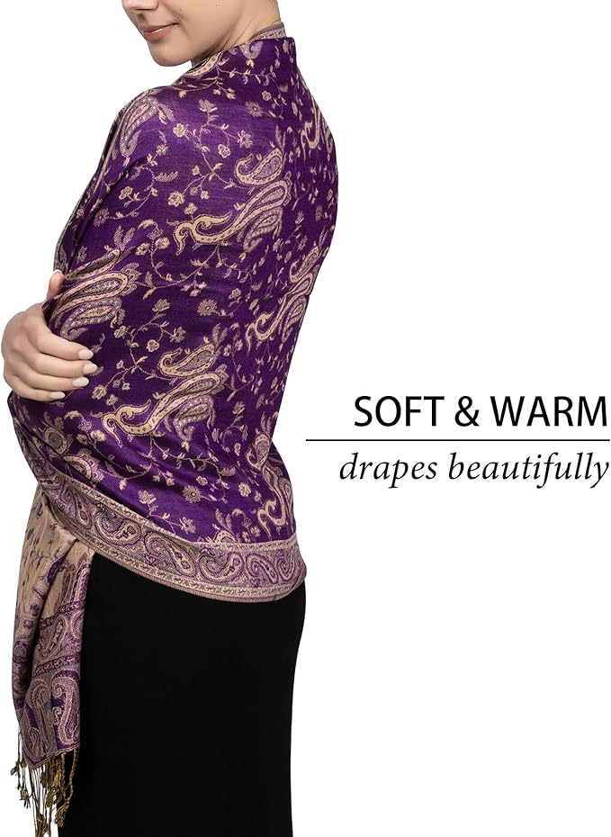 Achillea Reversible Paisley Pashmina Rave Scarf – Exotic Indian Shawls and Wraps for Evening Dresses, Festivals, All Seasons