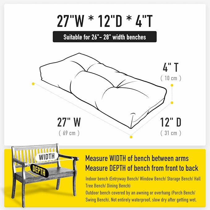 SUNROX LokGrip Non Slip Tufted Memory Foam Bench Cushion, FadeShield Water Resistant Durable Thicken Outdoor/Indoor Bench Seat Pads 27x12x4 inch, Heather Charcoal
