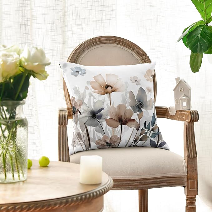 AVOIN colorlife Poppy Flowers Chinoiserie Throw Pillow Covers, 18 x 18 Inch Seasonal Leaves Cushion Case Decoration for Sofa Couch Set of 2