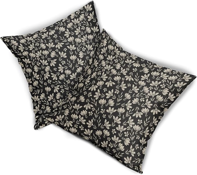 Black Vintage Floral Block Print Pillow Covers 24x24 Set of 2 Rustic Old Style Cute Flower Print Decorative Outdoor Pillowcases Seasonal Farmhouse Throw Cushion Case Decor for Couch Sofa Bed