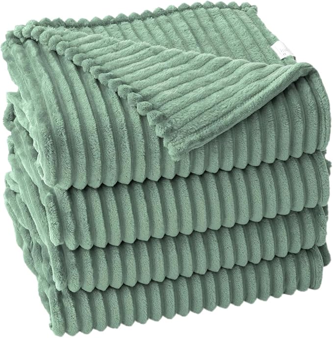MIULEE Fleece Bed Blanket Queen Size 90"x90" 300GSM Super Soft Lightweight Plush Striped, Sage Green Warm Cozy Breathable Ribbed Blanket Full Size Throw for Sofa Couch