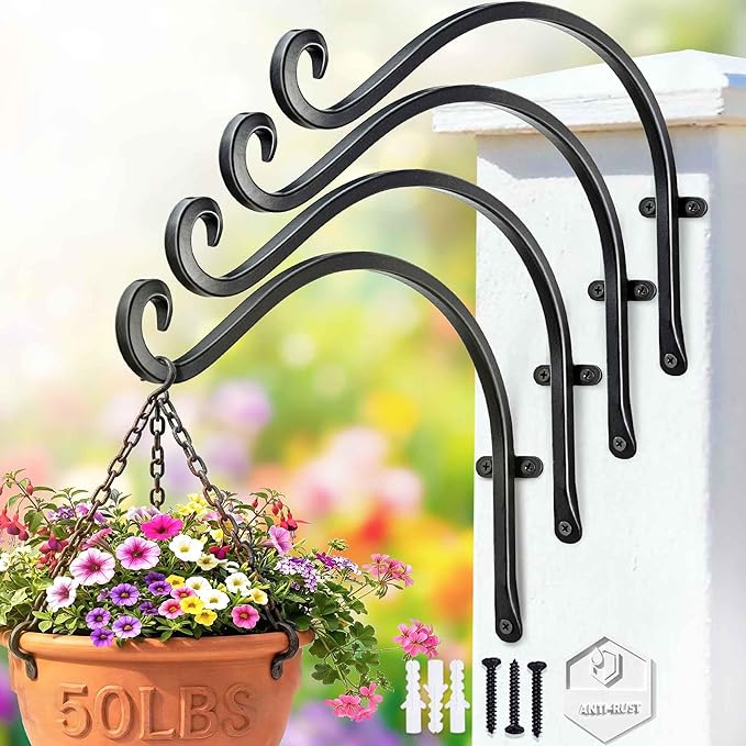 Hanging Plant Brackets Outdoor: 50lbs Weight Capacity - Hanging Bird Feeder Hangers, 12-Inch Black Metal Outdoor Wall Hooks for Heavy Plants - 4 Pack, Birdhouse, Wind Chimes