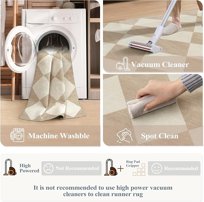 Beeiva Checkered Print Washable Runners for Hallways 2x4, Ultra Thin Beige Small Rugs for Entryway Low Pile Non Slip Bathroom Rug, Modern Geometric Decor Neutral Throw Rug for Kitchen Laundry Bedroom