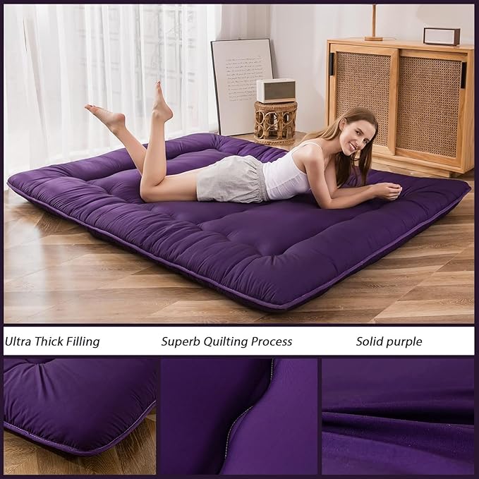 MAXYOYO Japanese Floor Mattress Futon Mattress, Thicken Sleeping Pad Foldable Roll Up Floor Futon for Adults Tatami Mat Dormitory Bed Lounger, Purple, Full Size