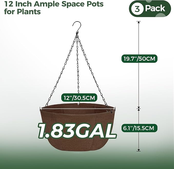 T4U Hanging Planters for Outdoor Plants, 3 Pack 12 Inch Hanging Baskets for Plants Outdoor with Rustproof Chain, Fabric Hanging Pots for Plants, Hanging Planter for Balcony Porch Deco
