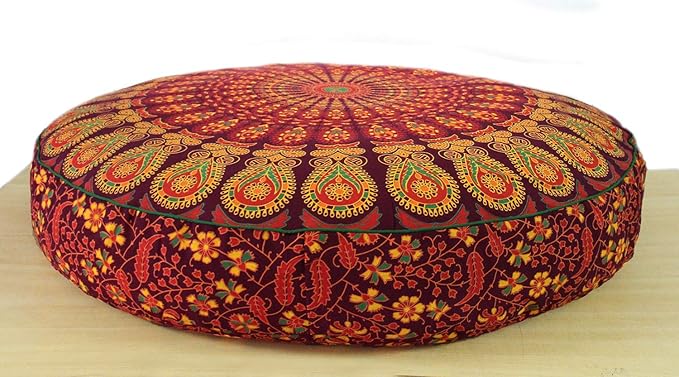 ICC Large Hippie Mandala Round Floor Pillow Cover Ottoman Pouf Cover Daybed Over sized Cotton Cushion Cover with Heavy Duty Zipper Seating Ottoman Poufs Dog-Pets Bed Red/ Yellow Peacock 35" Round