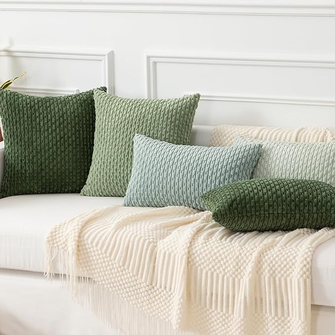 Kevin Textile Spring 14x20 Inch Pillow Cover 1 Pack Boho Decorative Soft Striped Corduroy Lumbar Farmhouse Solid Color Accent Rectangle Cushion Case for Living Room Couch Sofa Bed, Moss Green