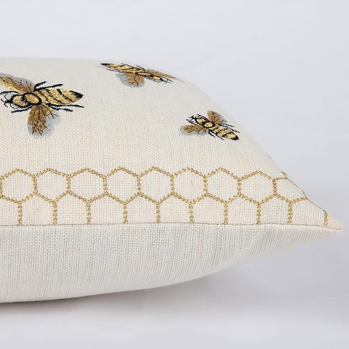 Honeycomb Throw Pillow Cover 12x 20, Gold Embroidered Bumble Lumbar Linen Pillow Cushion Case, Bee Farmhouse Home Decor for Outdoor Couch Bedroom Car