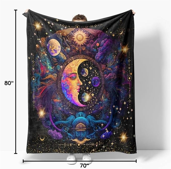 Black Purple Moon Star Throw Blanket Hippie Blanket Celestial Chair Recliner Cover Bed Spread Hippie Room Decor, Double Sided Sofa Couch Furniture Aesthetic Throws for Hippie Gifts 70"x80"