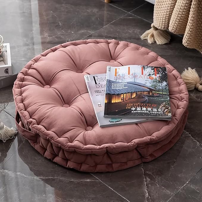 24" x 24" Round Thick Floor Seating Cushions, Solid Velvet Tufted Cushion Meditation Pillow Round Floor Pillow Seating with Carrying Handle, Sofa Balcony Tatami Pad (Pink)