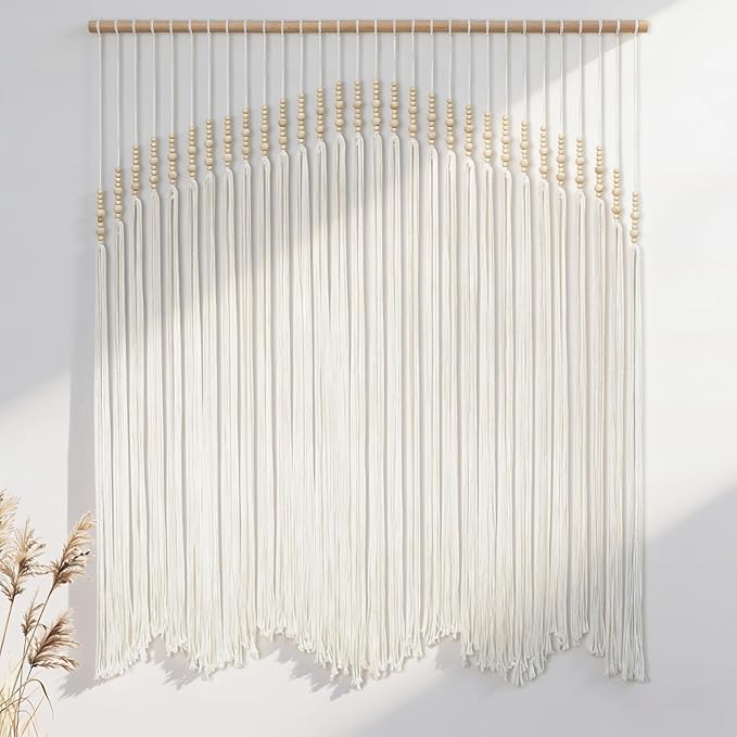 Betylifoy Macrame Wall Hanging Large Boho Wall Decor Beige Macrame Tapestry with Wooden Beads Cotton Rope Bohemian Handmade Woven Wall Art Decor for Bedroom Living Room Apartment Dorm Backdrop