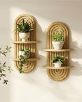 Bamworld Boho Wall Decor 2pcs Plant Wall Shelf, Mid Century Modern Decor Hanging Plant Shelf, 2-Tier Wooden Floating Shelves for Home, Bathroom Bedroom Living Room Holding Planter Decoration Natural