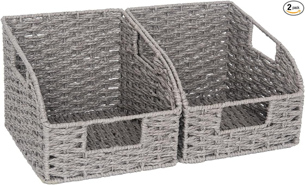 StorageWorks Wicker Baskets for Organizing, Pantry Organizers and Storage, Round Paper Rope Storage Basket for Pantry Shelves, Gray, 2 Pack