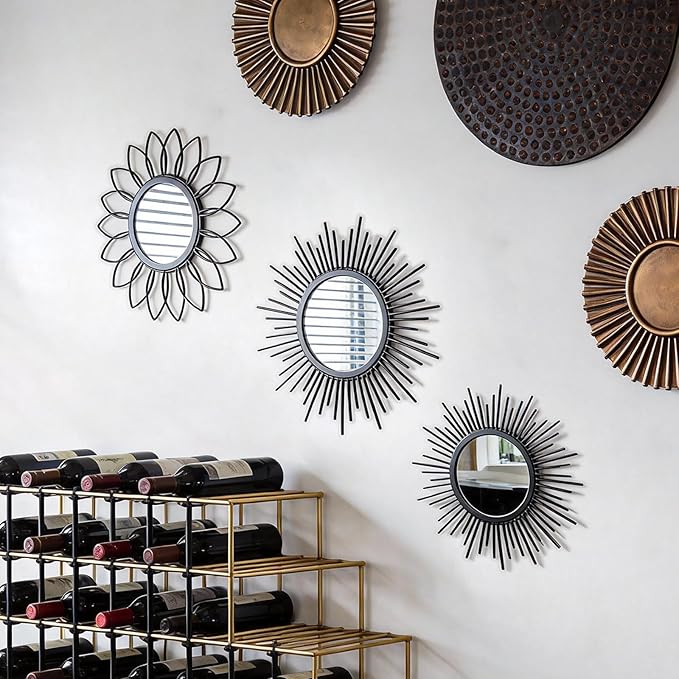 Set of 3 Black Metal Sunburst Wall Mirrors - 12" Round Decorative Art for Living Room Bedroom Bathroom Entryway, No Assembly Required, Rust Resistant Design