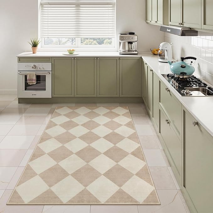 Beeiva Checkered Print 3x5 Washable Area Rug for Bedroom, Non Slip Ultra Thin Beige Entryway Rug Non Shedding Kitchen Rug 3x5, Modern Checkerboard Carpet Plaid Decor for Bathroom Office Nursery