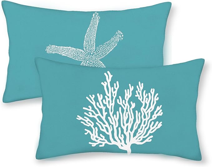 Coastal Pillow Covers 12x20 Set of 2 Aqua Teal Turquoise Coral Starfish Throw Pillows Nautical Ocean Decorations Summer Linen Beach Pillowcase Outdoor Decor Farmhouse Cushion Case for Couch
