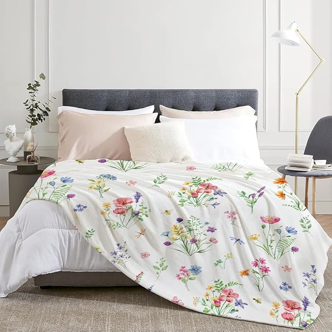 Colorful Wildflowers Throw Blanket Botanical Plant Bed Blanket Watercolor Floral Flower Blankets Soft Flannel Fleece Throw Blanket Boho Cozy Fluffy Plush Blankets 50" X 60"