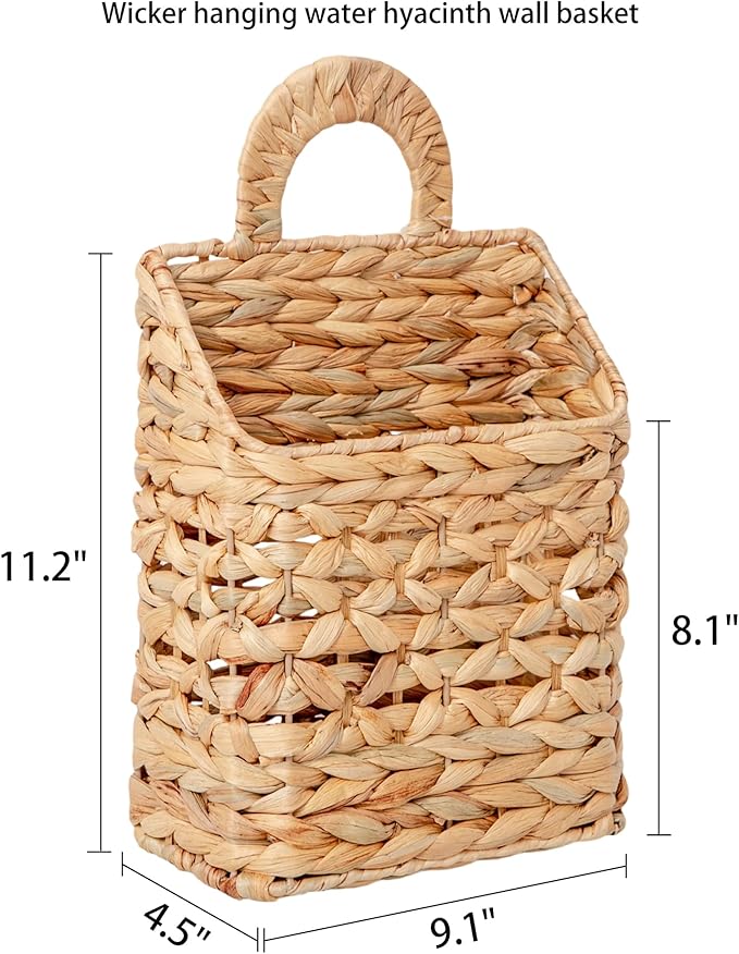 Wicker hanging basket, Water Hyacinth Wall Basket, Rustic Handwoven Hanging Storage Basket with Metal Frame for Farmhouse Home Decor, Garden or Organizing (1-Tier)