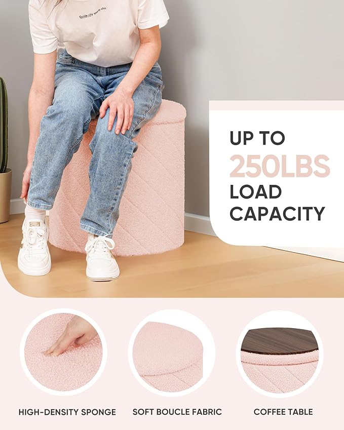 B FSOBEIIALEO Ottoman with Stroage, Boucle Round Storage Ottoman with Tray,Foot Rest Stool for Dorm Room, Living Room Pink, 16.93"x16.93"x17.72"