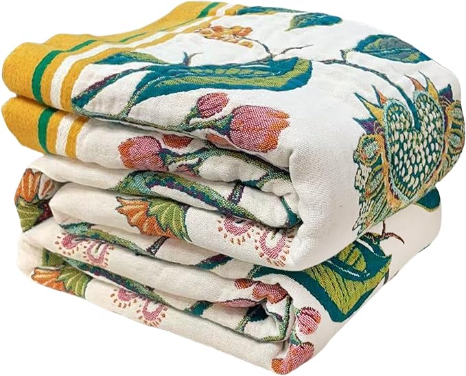 Boho Throw Blanket for Bed - 100% Cotton Ultra Soft Luxury Throw Rustic Fall Quilt,Bird Printed Farmhouse Decor Bed Blankets,Throw for Living Room Sofa Couch Chair(Flower-Bird, 60" x 75")