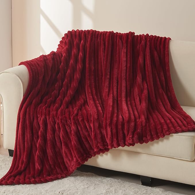 NEWCOSPLAY Super Soft Twin Blanket Red Premium Silky Flannel Fleece 3D Ribbed Jacquard Lightweight Bed Blanket All Season Use (Red Ribbed, Twin(60"x80"))