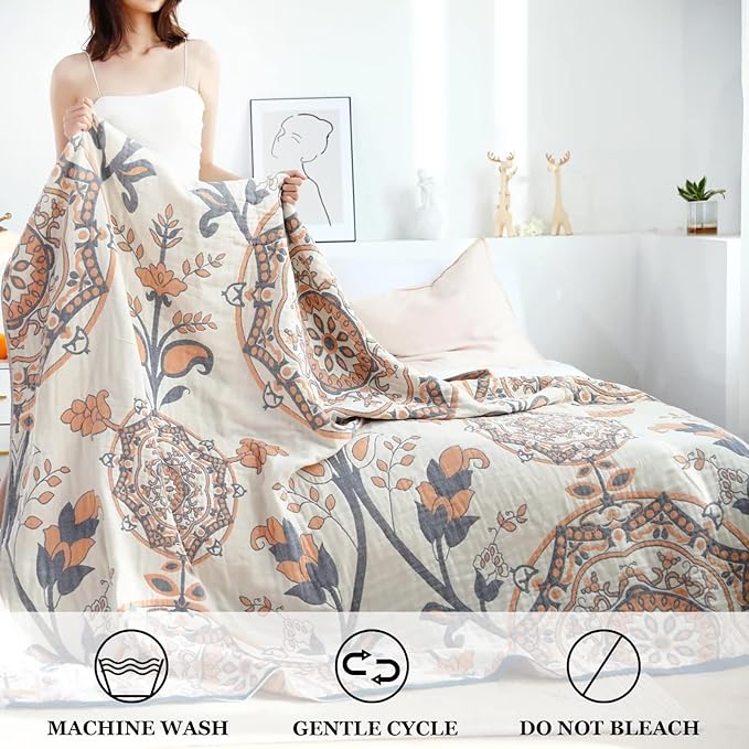 Boho Throw Blanket for Bed 100% Cotton Ultra Soft Rustic Quilt Spring Blanket Floral Farmhouse Decor Bed Blankets,60"x80" All Season Rustic Throw for Sofa Couch Chair