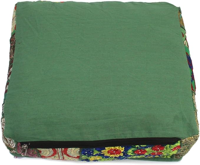 Mam Treasures Indian Bohemian Decorative Pillow Vintage Cushion Cover Patchwork Square Floor Pillow Cover Meditation Cushion Large Floor Pillow Indian Cushion (Dark Green, 18 X 18 X 5 Inch)