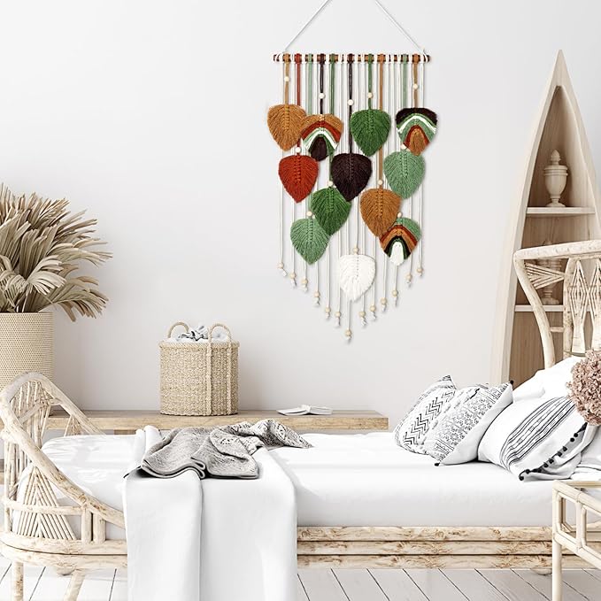 MEIVINES Macrame Wall Hanging Boho Woven Tapestry,Chic Home Decor Modern Bohemian Handmade Leaf Feather Tapestry Wall Art Decor for Bedroom Living Room Nursery Apartment Backdrop 16 X 34 Inch