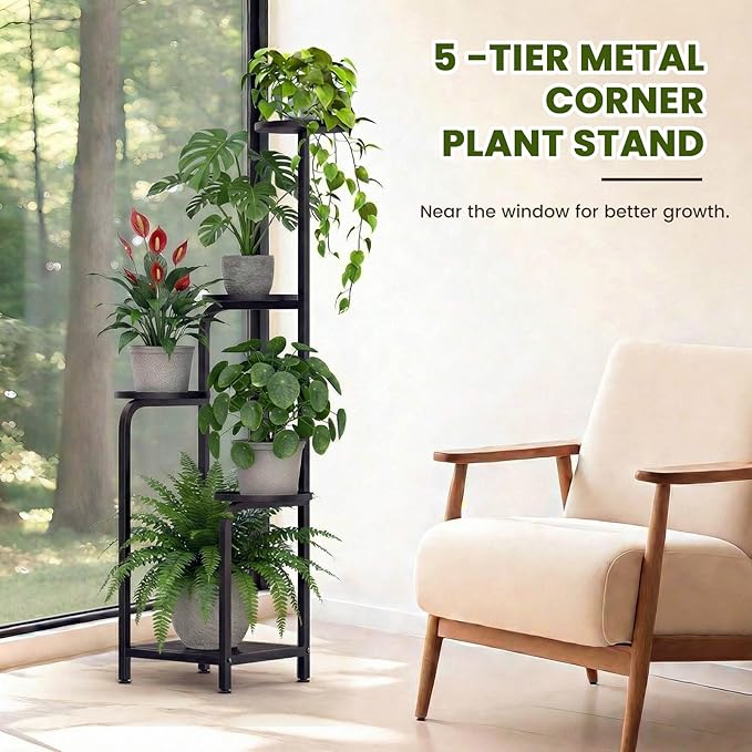 TOSKING 5 Tier Tall Plant Stand Indoor Outdoor,Anti-Tip Plant Stand indoor, Wide Base for Pots, Child and Pet Friendly,Heavy Duty Corner Shelf for Plants & Decor, Space Saving ,Tiered Metal Flower Pot Stand for Balcony, Garden, Living Room, Patio (Blac...