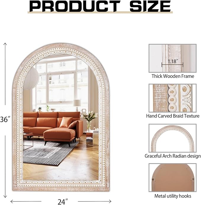 36x24 Inch Farmhouse Wooden Arched Wall Mirror, Distressed Rustic Frame with Beaded Boho Detail, Arch Decorative Mirror for Bathroom, Living Room, Entryway