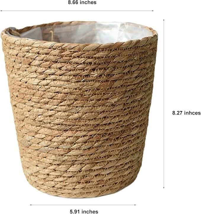 2PCS Plant Basket Indoor with Plastic Liner Water Hyacinth Woven Planters Flower Baskets Holder Liners Home Decor