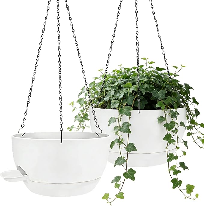 2 Pack Hanging Planters for Indoor Outdoor Plants, 12Inch Self Watering Hanging Pot with Drainage Holes and Saucer, Plastic Plant Pots, White Flower Pots for Kitchen, Balcony, Garden