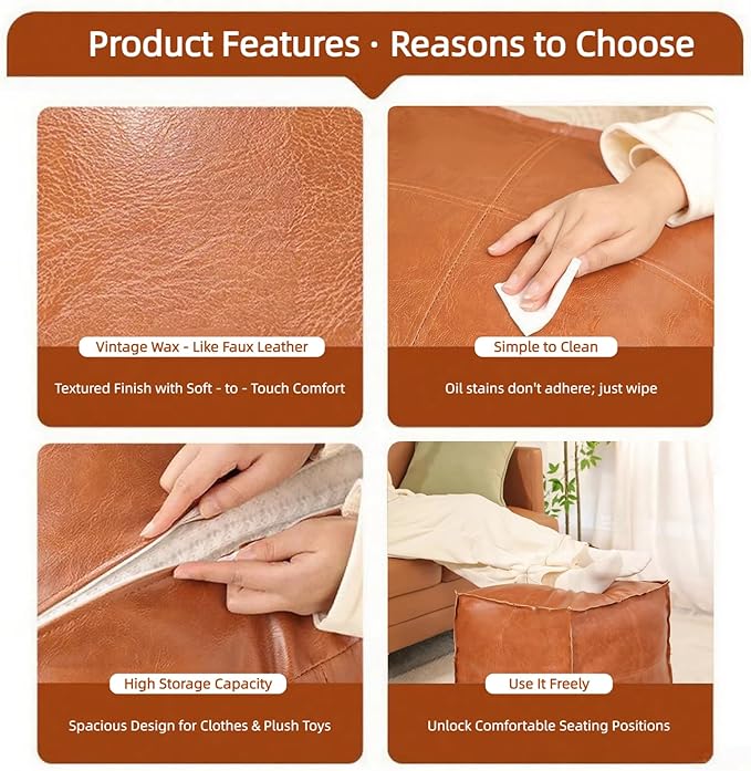 Pouf Ottoman - Unstuffed Handmade Faux PU Leather Moroccan Style, Eco-Friendly Pouf Cover with Storage Potential, Foot Rest for Living Room, Floor Chair Gifts for Men & Women (Vintage Orange)