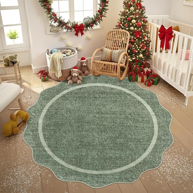 GarveeHome Scalloped Washable Round Rugs, Non-Slip Soft Round Rug 4 ft Ultra-Thin, Small Boho Circle Stain Resistant Low Pile Carpet for Entryway Kitchen Bedroom Nursery Bathroom, Greyish Green