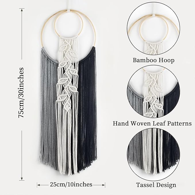 LB Boho Black White Grey Macrame Wall Hanging Hand Woven Leaf Pattern Tapestry Wall Art with Wood beads Modern Aesthetic Tassel Wall Decor for Home, Bedroom, Living Room