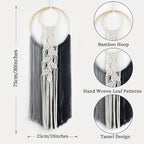 LB Boho Black White Grey Macrame Wall Hanging Hand Woven Leaf Pattern Tapestry Wall Art with Wood beads Modern Aesthetic Tassel Wall Decor for Home, Bedroom, Living Room