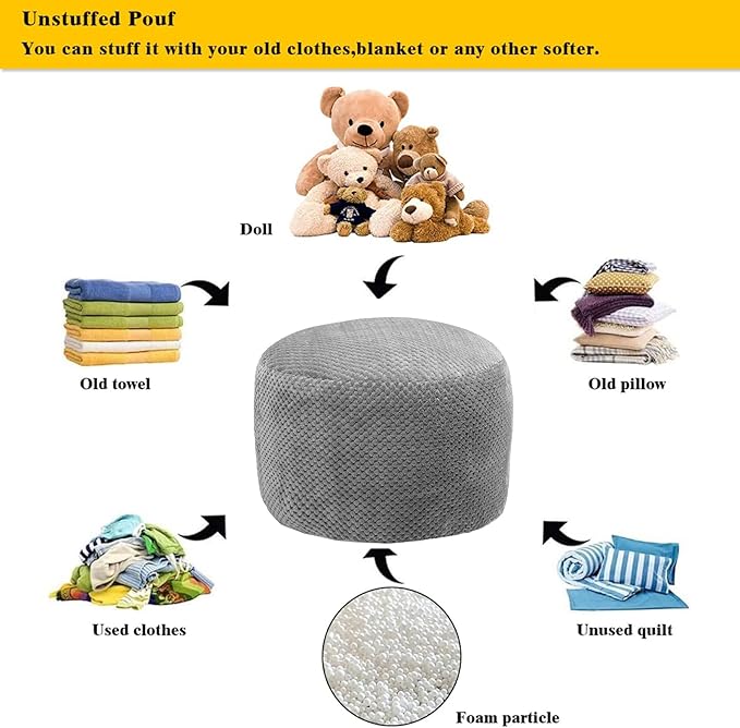Asuprui Pouf Ottoman Unstuffed Pouf Ottoman Foot Rest No Filler Foot Stool Floor Pouf 20x20x12 Inches Fuzzy Chair Floor Chair Foot Rest with Storage for Living Room Bedroom Light Gray Pouf Cover