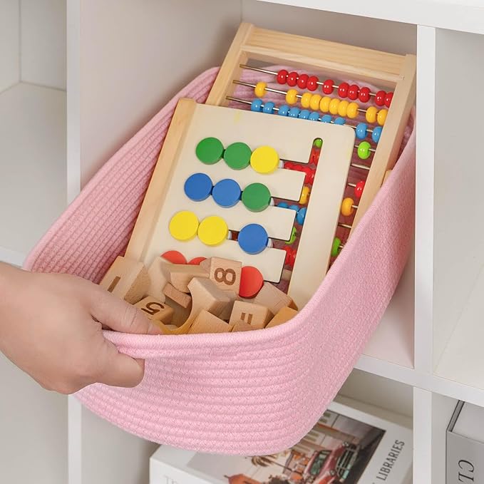 CubesLand Cube Storage Organizer Basket Bin, Cube Shelf Shelves Cotton Rope Basket, Durable Woven Rectangular Basket for Organizing, Nursery Toys Basket, 14x10x7.08IN Pink Basket