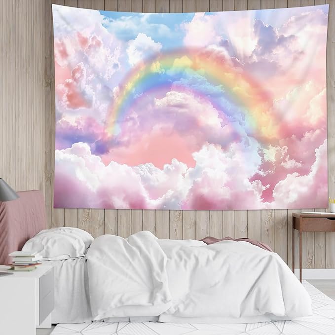 HVEST Rainbow Cloud Tapestry Wall Hanging, Rainbow and Pink Cloud Pastel Wall Decor, Aesthetic Nature Landscape Tapestry for Living Room Bedroom Aesthetic Decor, 36L x 48W Inches