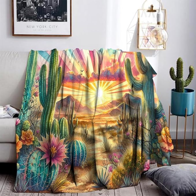 Desert Sunset Throw Blanket Cactus Fleece Throw Blanket for Sofa Couch Bed Desert Sunset Scenery Plush Blanket Ultra Soft Decor Boho Natural Theme Fuzzy Blanket Baby Soft 60"x80"