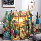 Desert Sunset Throw Blanket Cactus Fleece Throw Blanket for Sofa Couch Bed Desert Sunset Scenery Plush Blanket Ultra Soft Decor Boho Natural Theme Fuzzy Blanket Baby Soft 70"x80"