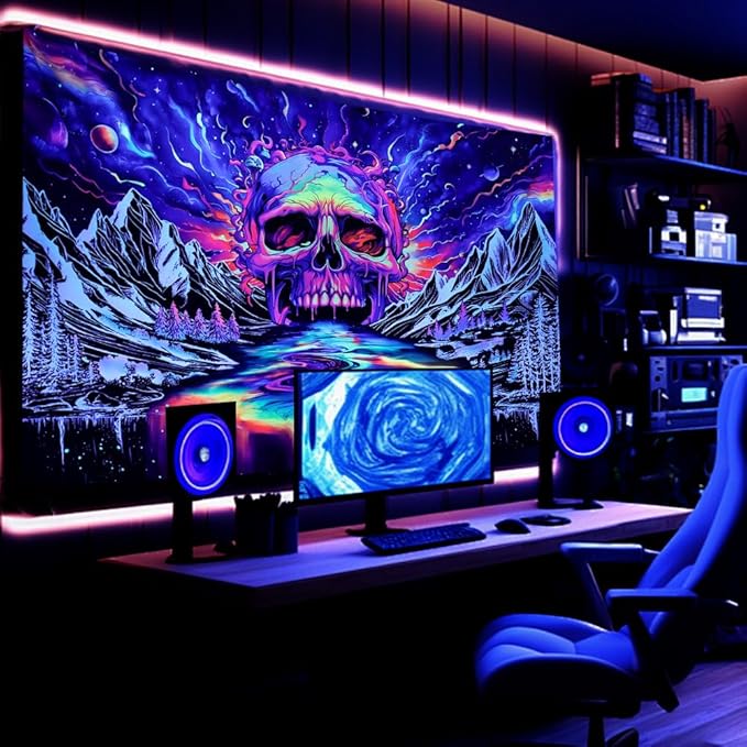 Lahasbja Blacklight Skull Tapestry UV Reactive Galaxy Mountain Planet Tapestries Magic Neon River Wall Hanging Aesthetic Skeleton Wall Decor Forest Trees Landscape Backdrop for Living Room